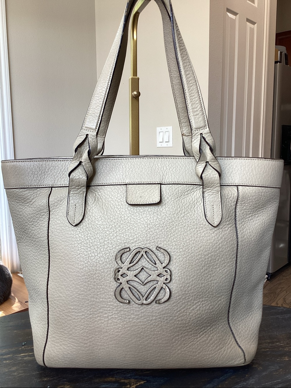 Loewe Fusta Beige Pebbled Leather Anagram Tote Bag